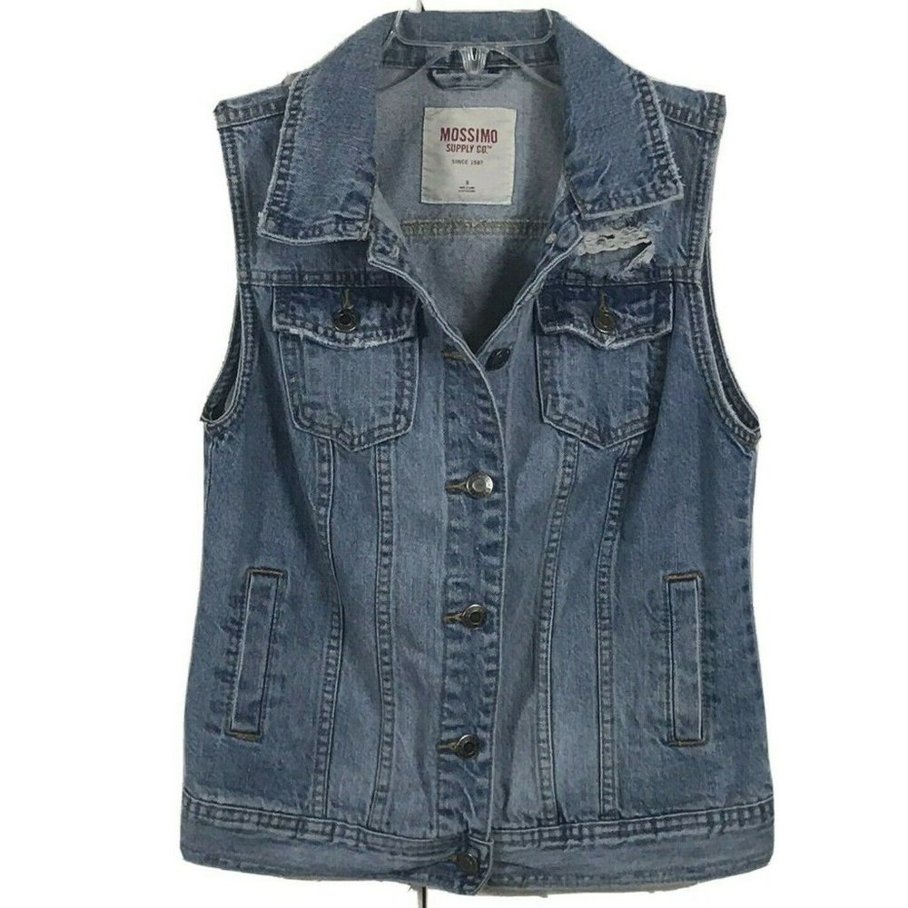 Mossimo Distressed Jeans Vest Womens Small 100% Cotton Med Wash Biker Casual